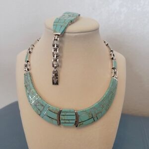 Stylish Taxco Silver and Turquoise Necklace and Bracelet